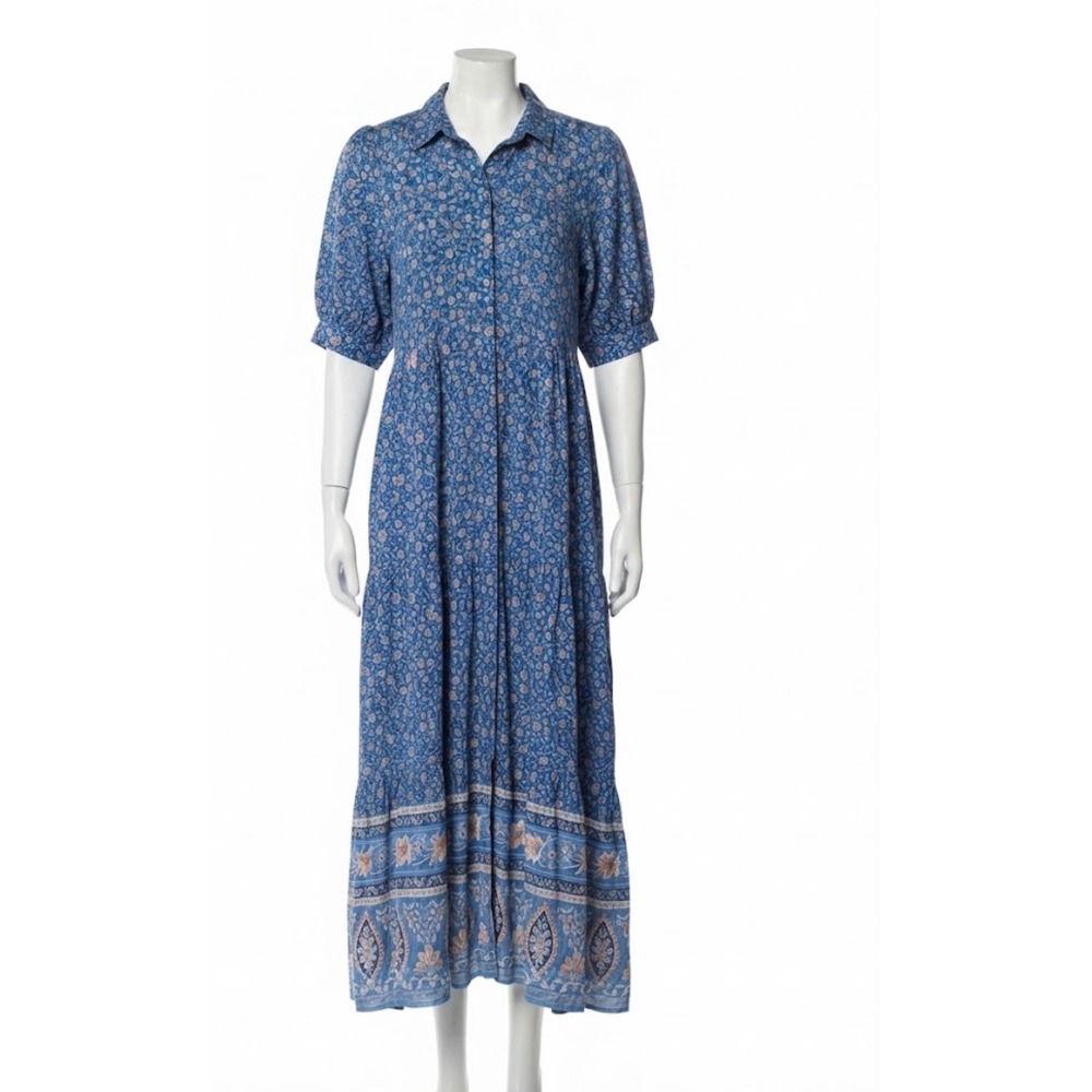 Natural Life Blue Floral Paisley Tiered Maxi Shirtdress Short Puff Sleeve L
